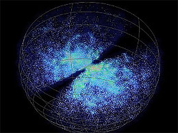 Зображення фрагмента неба, дослідженого в рамках 6dF. Чорні райони - місця, де матерія Чумацького Шляху не дозволила провести зйомку об`єктів. Зображення з сайту проекту