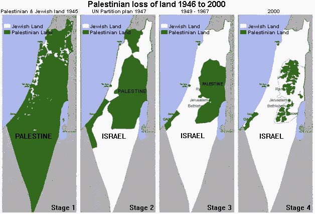 З того часу, як Генеральна Асамблея Організації Об’єднаних Націй прийняла резолюцію № 181 про розділення Палестини, минуло 65 років. Хронологію окупації Ізраїлем добре видно на цій ілюстрації.