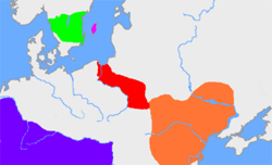 Оранжевим кольором показана територія розповсюдження Черняхівської культури, червоним - Вельбарської культури, з якою пов’язують готів 
