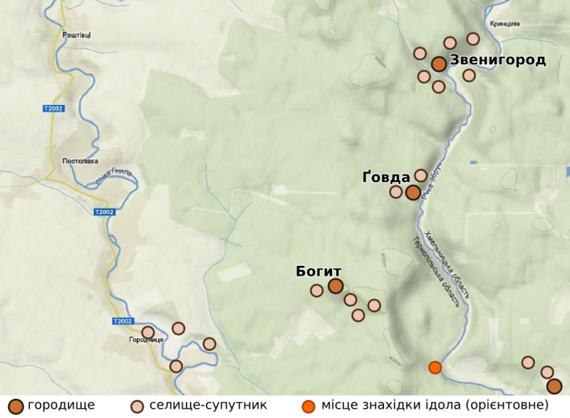 Мапа розташування основних городищ Збручанського культового центру