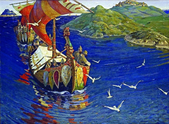 Картину “Заморські гості” російський художник Микола Реріх створив 1901 року. Полотно, олія, 85 x 112,5 сантиметра. Зберігається в Третьяковській галереї в Москві. Входить у цикл робіт Реріха “Початок Русі. Слов’яни”. Художник зобразив прибуття на Русь варягів – так слов’яни називали вікінгів. Ці скандинавські воїни гуртувалися навколо своїх ватажків і плавали грабувати й завойовувати нові землі. Нападів вікінгів у V–XI століттях боялася вся Європа. Свої човни варяги називали “змієкораблями” – давньонорвезькою “дракар”, – бо мали на носі голову дракона. Він символізував скандинавського міфічного змія Фафніра, який був покровителем убивств задля грабунку. Єдине слабке місце дракона – м’який живіт, тому варяги боки кораблів вкривали своїми щитами Картину “Заморські гості” російський художник Микола Реріх створив 1901 року. Полотно, олія, 85 x 112,5 сантиметра. Зберігається в Третьяковській галереї в Москві. Входить у цикл робіт Реріха “Початок Русі. Слов’яни”. Художник зобразив прибуття на Русь варягів – так слов’яни називали вікінгів. Ці скандинавські воїни гуртувалися навколо своїх ватажків і плавали грабувати й завойовувати нові землі. Нападів вікінгів у V–XI століттях боялася вся Європа. Свої човни варяги називали “змієкораблями” – давньонорвезькою “дракар”, – бо мали на носі голову дракона. Він символізував скандинавського міфічного змія Фафніра, який був покровителем убивств задля грабунку. Єдине слабке місце дракона – м’який живіт, тому варяги боки кораблів вкривали своїми щитами